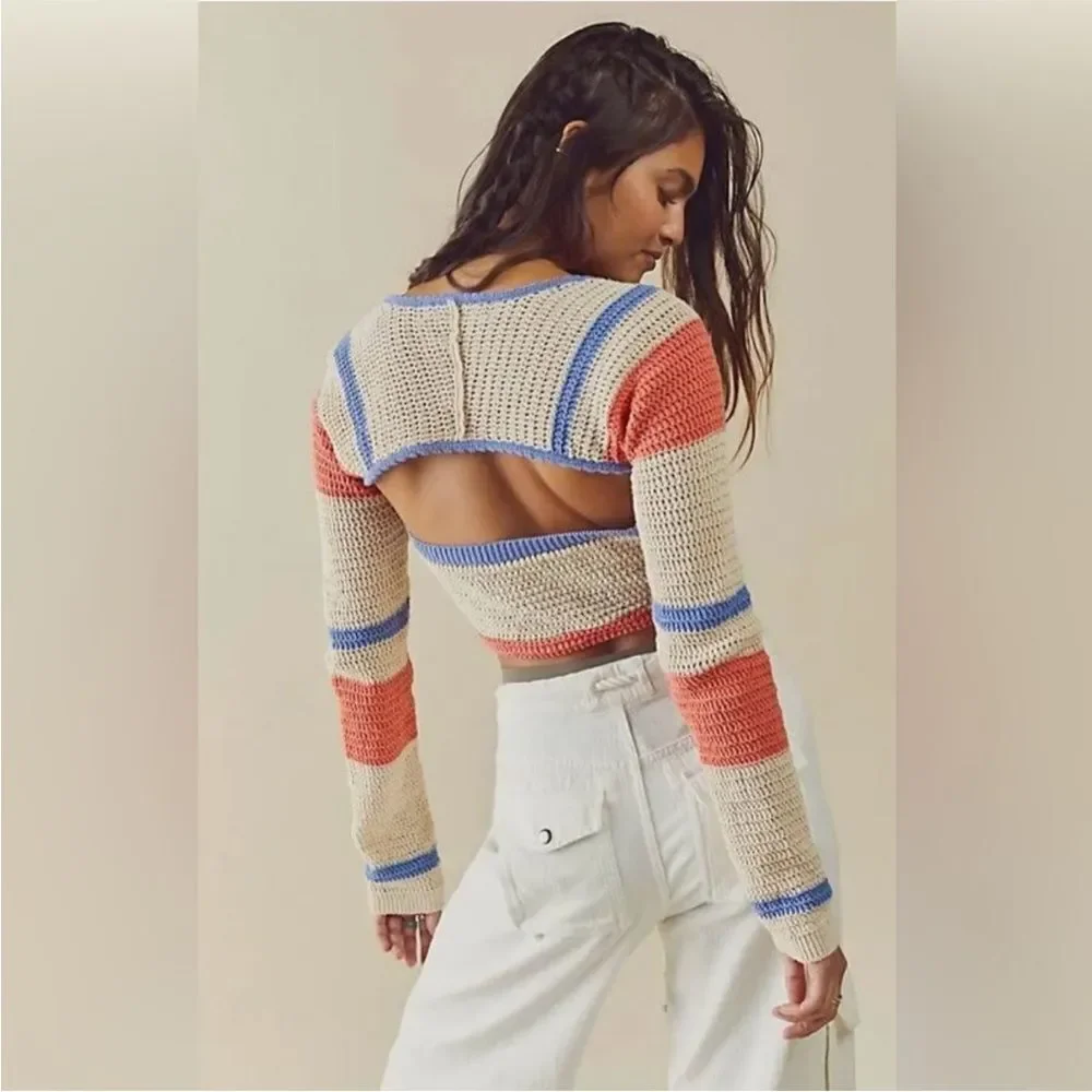 Free People Love Me Long Sleeve Fauxchet Striped Knit Sweater